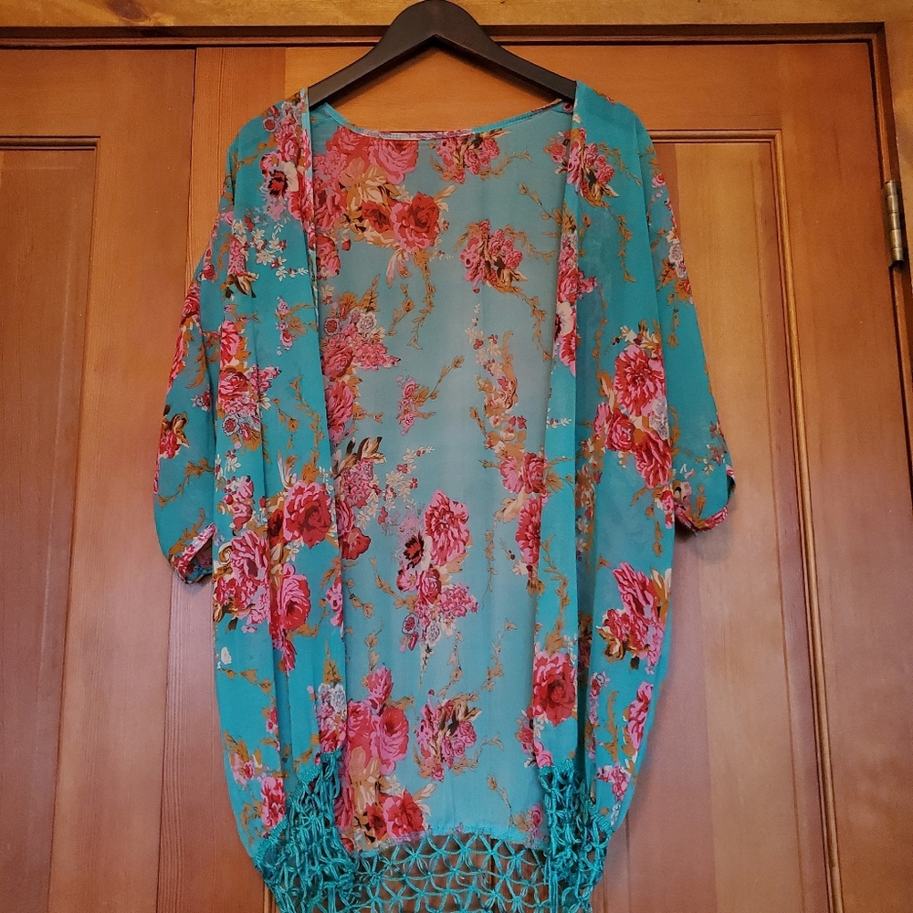 Floral Kimono Beach Cover-Up in Turquoise with Pink Roses